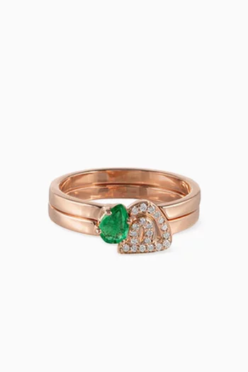 Arabic Initial Emerald & Diamonds Thick Duo Rings in 18kt Rose Gold