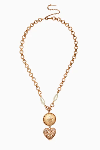 Prestige Feminine Pearl & Crystal Heart Long Necklace in 14kt Gold-plated metal