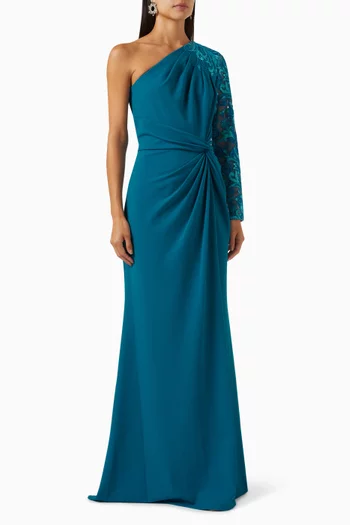 One-shoulder Embroidered Gown in Crepe
