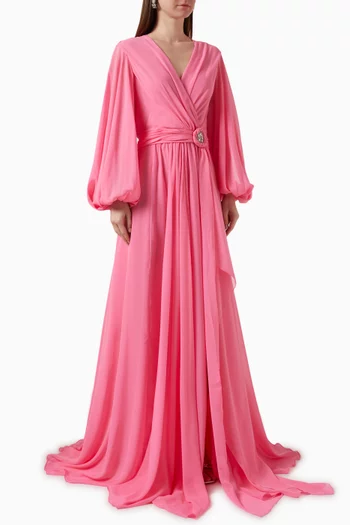 Blouson-sleeve Belted Gown in Chiffon