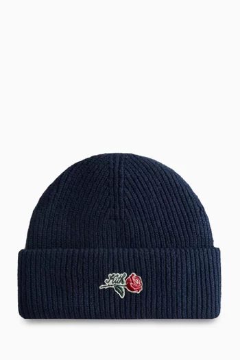 Script Rose-embroidered Cuffed Beanie in Cotton-knit
