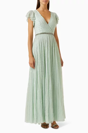 Embellished Ruffle Gown in Mesh