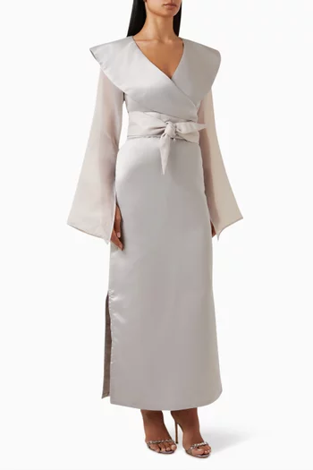 Oversized Collar Belted Maxi Dress in Taffeta