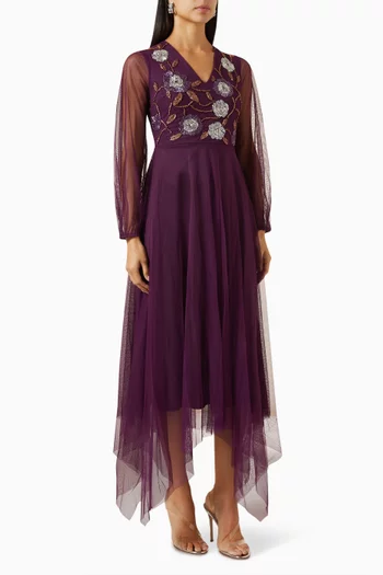 Embellished Hanky-hem Midi Dress in Tulle