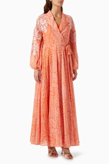فستان بينيلوب طويل بتصميم ملفوف مزين بتطريزات شيفون