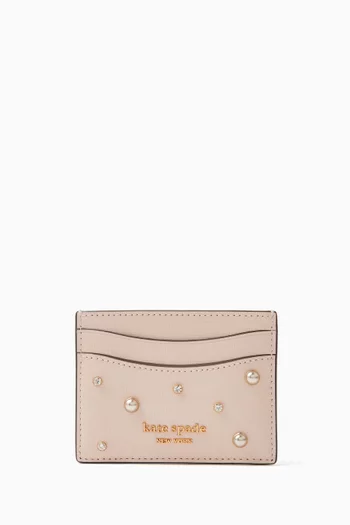 Purl Embellished Card Holder in Saffiano Leather