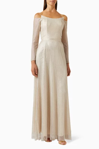 Off-shoulder Rhinestone-net Maxi Dress