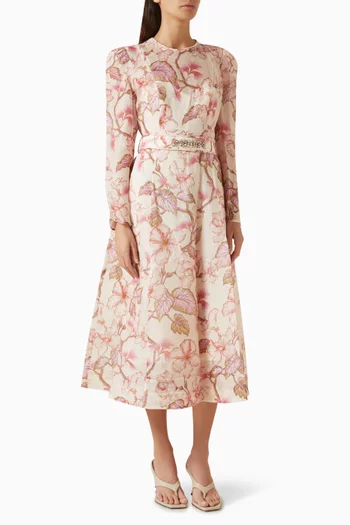 Matchmaker Floral Midi Dress in Silk-linen silk linen Organza