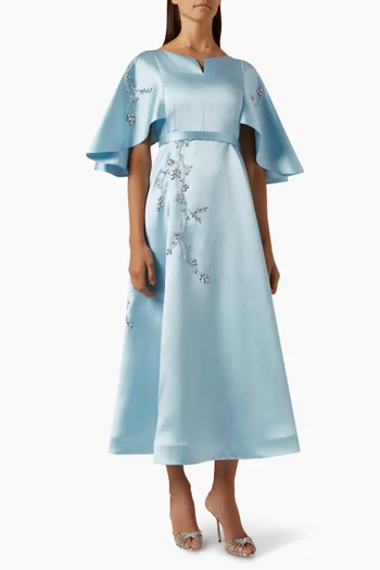 Embellished Cape-sleeve Dress in Brocade