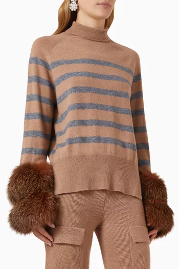 Striped Turtleneck Sweater with Fox Fur Cuffs in Knit