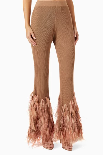 Ostrich Feather-trim Flared Pants in Cotton-knit