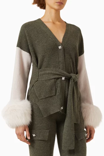 Colour-block Belted Cardigan with Fox-fur Cuffs in Wool-cashmere Knit