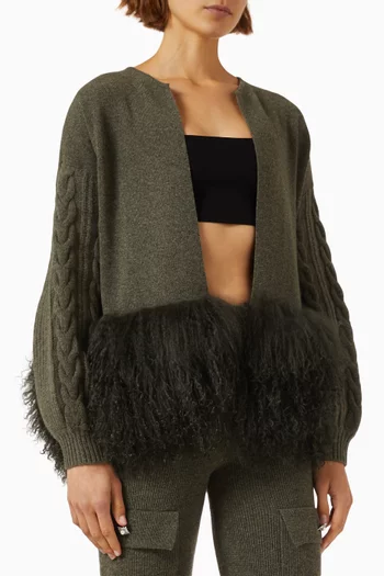 Cropped Cable-knit Jacket with Shearling Trim in Wool-cashmere Knit