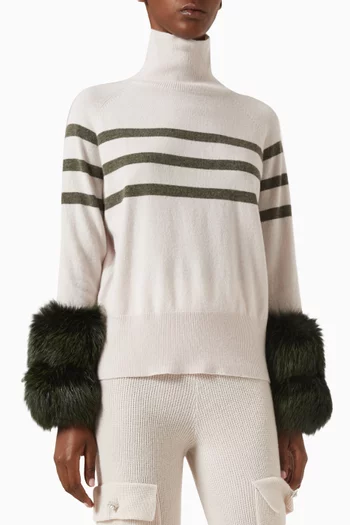 Striped Polo Neck Sweater with Fox Fur Cuffs in Merino-wool Knit