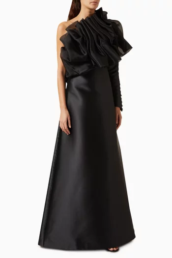Ruffled One-shoulder Maxi Gown in Satin