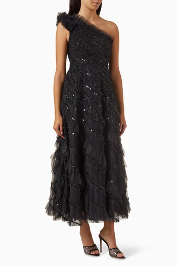 Spiral Sequin One-shoulder Ankle Gown in Tulle