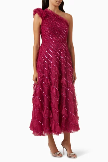 Spiral Sequin One-shoulder Ankle Gown in Tulle