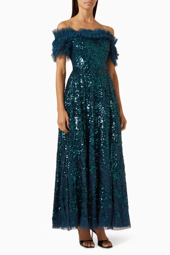 Sequin Wreath Off-the-shoulders Gown in Recycled Tulle