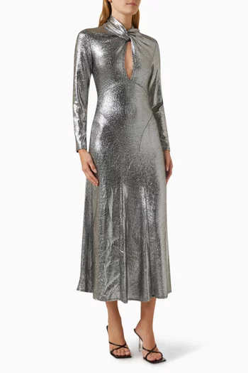 Hanna Keyhole Midi Dress in Metallic-jersey