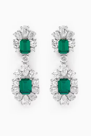 Emerald Pear Halo Drop Earrings in Rhodium-plated Brass