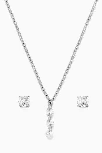 Pendant Necklace & Stud Earring Set in Rhodium-plated Brass