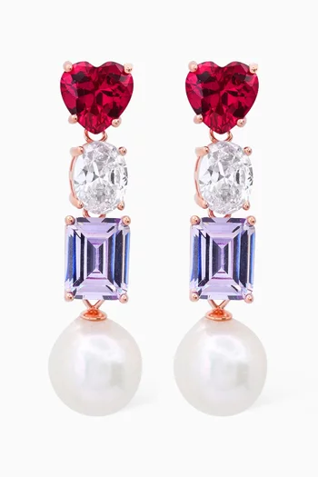 Heart Crystal & Pearl Drop Earrings in Rose Gold-vermeil
