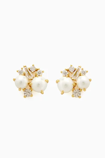 Pearl & Crystal Stud Earrings in Gold-plated Brass
