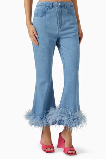 Capri Feather-cuff Flared Jeans in Denim