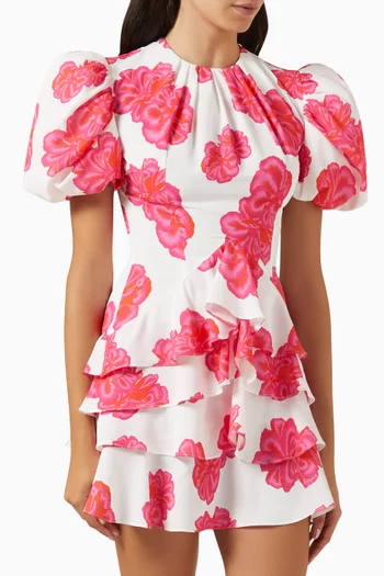 Camellia Puff-sleeve Mini Dress in Viscose