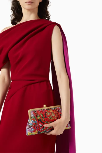 Calligraphy Beaded Clutch in Floral Jacquard Canvas