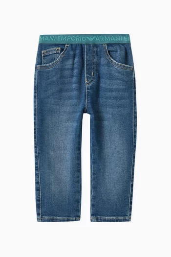 بنطال جينز بحزام خصر بشعار الماركة قطن