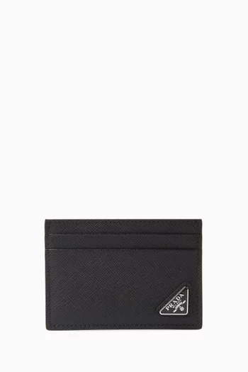 Small Triangle Logo Card Holder in Saffiano Leather
