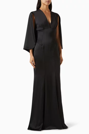 Cape-style Sleeves Maxi Dress in Satin