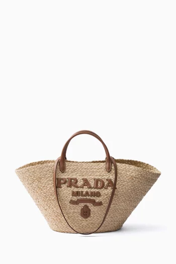 Small Logo Tote Bag in Raffia & Leather