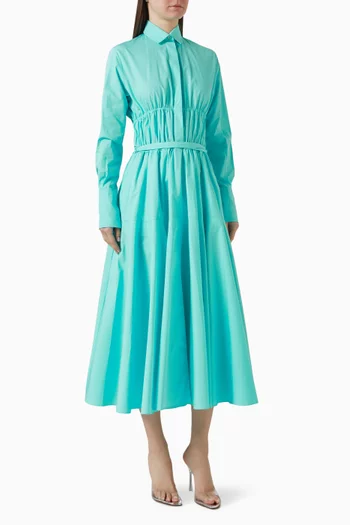 Gathered Long-sleeve Midi Dress in Cotton-poplin