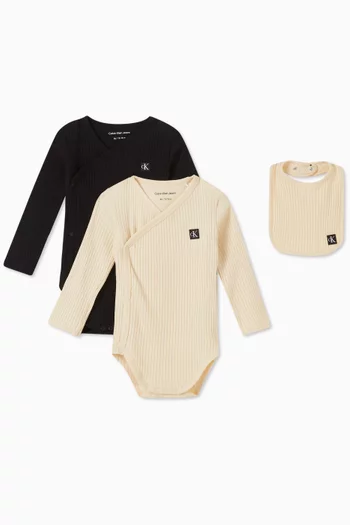 Ribbed Bodysuits and Bib Set in Stretch Cotton