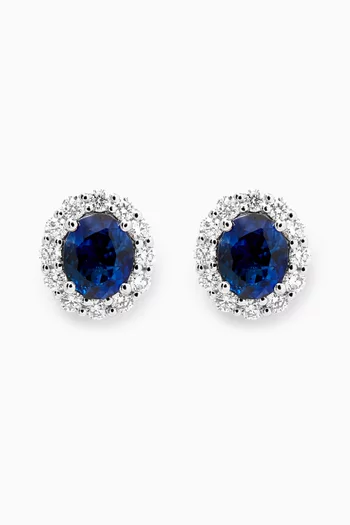 Oval Sapphire & Diamond Halo Earrings in 18kt White Gold