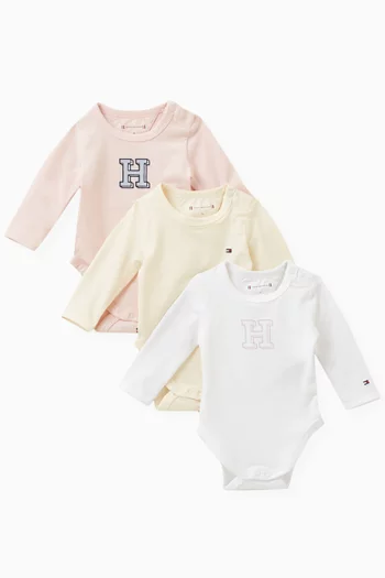 Logo Long Sleeved Bodysuits, Set of Three in Cotton