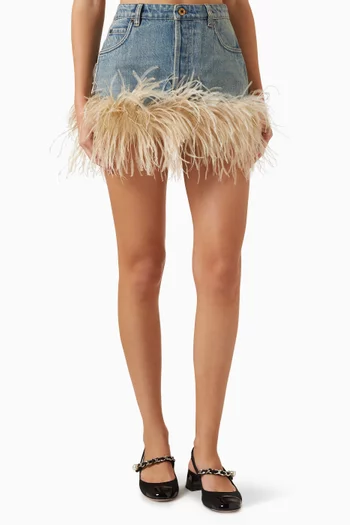 Feather-trim Mini Skirt in Denim