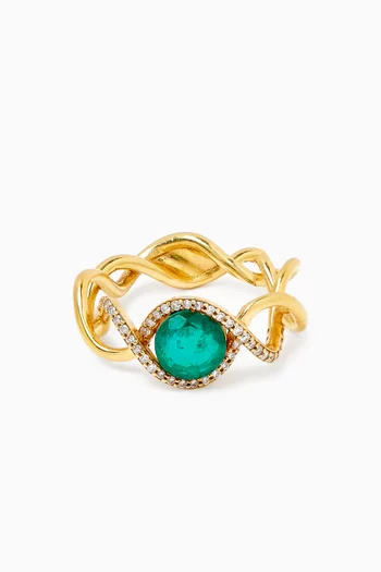 Pave Diamond & Emerald Intertwined Ring in 18kt Yellow Gold