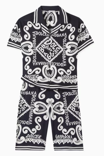 Marina-print Batik Shorts in Denim & Viscose-blend