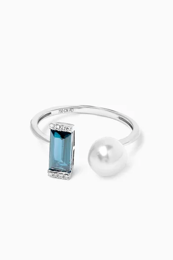 Kiku Sparkle Pearl, Topaz & Diamond Ring in 18kt White Gold
