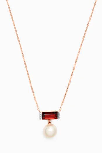 Kiku Sparkle Diamond, Pearl Gemstone & Red Garnet Necklace in 18kt Rose Gold