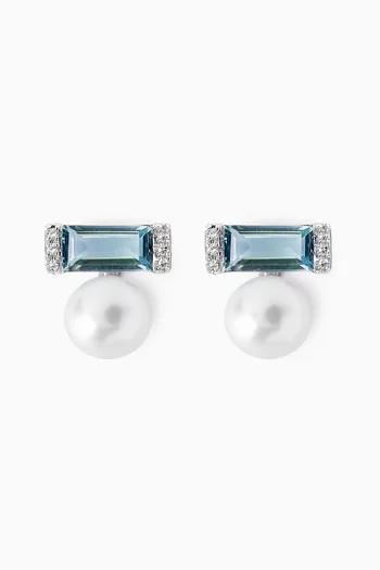 Kiku Sparkle Diamond, Blue Topaz & Pearl Earrings in 18k White Gold