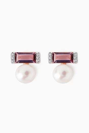 Kiku Sparkle Diamond, Amethyst & Pearl Earrings in 18k Rose Gold