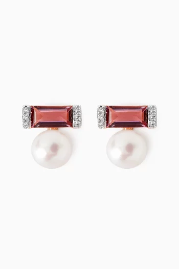Kiku Sparkle Diamond, Red Garnet & Pearl Earrings in 18kt Rose Gold