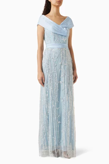 Sequin-embellished Off-shoulder Maxi Dress