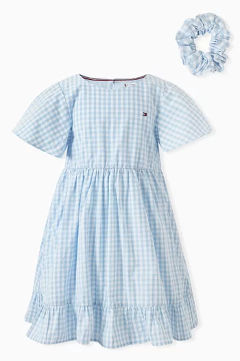 Gingham-check Dress & Scrunchie Set in Cotton