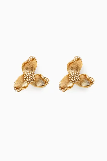 Tri Leaf Pearl Flower Earrings in Metal