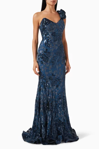 Sequin Embellished One Shoulder Gown in Lace